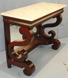 303 - Mahogany Empire Pier Table with scroll ends and white MT, 33 in. T, 41 in. W, 18 in. D, ca. 1850