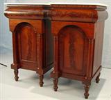 306 - Matched Pair of Period Empire Ham Tables, one with wine cellarette, the other with linen slides, 46 in. T, 25 in. D, 24 in. W with white marble, ca. 1850