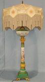 312 - Royal Vienna Porcelain and Bronze Lamp, hand painted figures and silk fringed shade, 40 in. T, oil lamp converted to electric, ca. 1870