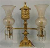 334- Brass and Bronze Double Lamp with old cut glass shades, electrified, 18 in. T, 17 in. W