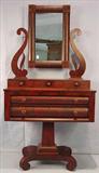 409 - Mahogany Empire Dresser with 5 drawers, mirror and scroll feet, 77 in. T, 40 in. W, 20 in. D, ca. 1840