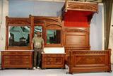 130 - 4 Piece Burl Walnut Half Tester Aesthetic Movement Bed Room Suit with white marble top, ca. 1875.
Bed - 10 ft. 7 in. T, 77 in. L, 60 in. W
Wardrobe - 8 ft. 5 in. T, 65 in. W, 25 in. D.
Dresser - 8 ft. T, 55 in. W, 25 in. D.
Wash Stand - 7 ft. 6 in. T, 43 in. W, 21 in. D