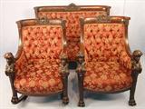 Oak R,J. Horner Parlor Suit with detail carving with head carved on arms, original finish, ca. 1890.
11 - Sofa from Parlor Suit - R.J. Horner, 44 in. T, 57 in. W, 34 in. D, ca. 1890.
12 - Rocker from Parlor Suit - R.J. Horner, 44 in. T, 29 in. W, 34 in. D, ca. 1890.
13 - Arm Chair from Parlor Suit - R.J. Horner, 44 in. T, 30 in. W, 33 in. D, ca. 1890.
