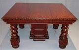 137 - Hugh Mahogany Banquet Table, twist corner legs, beautiful carving, giant center leg, 16ft. 1 in. L, 54in. W, has 11 leaves in original storage crate, ca 1890