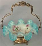 141 - Victorian Brides Basket with silver plate holder and blue fluted bowl, 13 in. T, 10 in. W, ca. 1880
