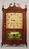 175 - Mahogany Pillar and Scroll Antique Clock, painted scene on glass door, original weights and winder, ca. 1820, 31 in. T, 17 in. W, 4 in. D