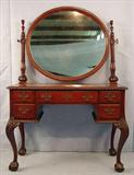 173 - Mahogany Dressing Table with large oval mirror, ball and claw feet, gadrooned edge, heavily carved legs, R.J. Horner, 62 in. T, 43 in. W, 20 in. D, ca. 1890