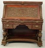 101 - R.J. Horner Mahogany Full Griffin Slant Front Desk with exceptional carving, hidden drawer, 47.5 in. T, 42.5 in. W, 22 in. D, all original, ca. 1890.