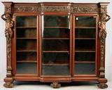 100 - Mahogany R.J. Horner 3 Door Bookcase with atlas statue sides, curved glass on center door, 60 in. T, 84 in. L, 20 in. D, all original, ca. 1890.