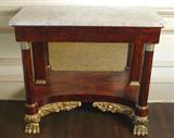 184 - American Empire Mahogany Pier Table with marble top, large gold claw feet, ca. 1830.