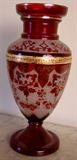 543 - Ruby Victorian Vase with gold trim, etched all over, 20 in. T, 10 in. W, ca. 1880.