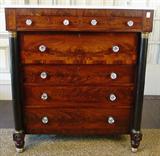 542 - Mahogany Empire Marble Top chest with column front, glass pulls, bronze trim, ca. 1850.