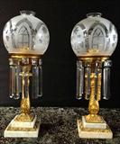 710 - Pr. Bronze Argand Lamps with etched shades and marble base, ca. 1870.