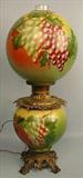 76 - Green Gone With The Wind Lamp with grapes painted, was oil at one time, ca. 1880.