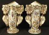 75 - Pair of Old Paris Vases with birds painted, great art work, 17 in. T, 10 in. W, ca. 1880