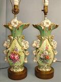 77 - Pair of Old Paris Vases made into Lamps, roses painted on front, gold trim, 30 in. T, ca. 1870.