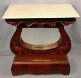 84 - Flamed Mahogany Empire Pier Table with white marble top, 33 in. T, 31 in. W, 17 in. D.