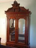 120 - 4 pc. Mitchell & Rammelsberg Victorian Bedroom Suit, High back bed, Drop Center Dresser, 3 drawer washstand, massive wardrobe, original finish, ca. 1870. Wardrobe, 9ft. T, 56in. W, 21in. D.