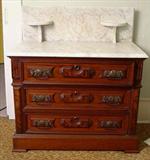 120 - 4 pc. Mitchell & Rammelsberg Victorian Bedroom Suit, High back bed, Drop Center Dresser, 3 drawer washstand, massive wardrobe, original finish, ca. 1870. Wash Stand, 37in. T, 34in. W, 18in. D.
