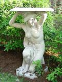 702 - Stone Garden Statue of Lady Holding Bowl over her head, 75 in. T, 18 in. Sq, Top.