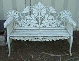 705 - Pr. early Cast Iron Benches with gargoyles on each arm. oak leaf pattern.