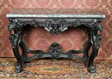 719 - Rare Mahogany Console Table with deep carving, original finish and unusual 2 in. thick colored marble, 5ft. 2in. L, 32in. D, 41in. T.