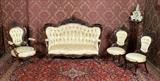 713 - 4 Piece Rosewood Laminated Parlor Suit, Meeks Stanton Hall Pattern, Sofa, 64 in. L, 45 in. T, arm chair and 2 side chairs, ca. 1850.