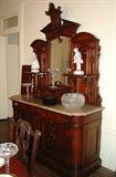 109 - Walnut Renaissance Sideboard with marble top, great burl trim and carvings, 8ft. 7in. T, att. To Thomas Brooks, ca. 1870.