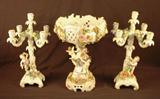 808 - 3 pc. Dresden Set - center bowl, pair of candelabras, early mark.