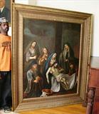 724 - 19th Century Oil on Canvas Painting taking Jesus down from the cross, 81in. T, 69in. W, great frame, ca. 1860.