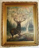 70 - Oil Painting of Stag in landscape setting, frame size - 43in. W x 53in. T, canvas size - 33in. W x 37.5in. T.