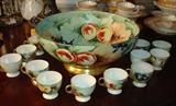 29 - H & C Bavaria Hand Painted Punch Bowl Set, Bowl stands 6in. T, 13in. Dia., ca. 1880.