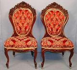 726 - Pair of Rococo Rosewood Side Parlor Chairs by J. H. Belter, rosilee with grapes, red and gold upholstery, great condition, ca. 1855.