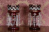 731 - Pair of Ruby Red Lusters with painted enamel flowers, prisms, ca. 1880.