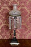 728 - Bronze Astral Lamp with etched shade, 30 in. T, 12 in. prisms, marble base, ca. 1850.