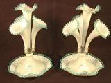 809 - White Epergne with fluted trumpets with blue trim, 12 in. T.