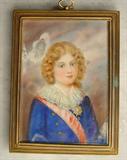 579 - Painting on Porcelain of Boy with blue coat and lace collar, 6in. T, 5in. W, ca. 1890.