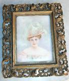 577 - Painting on Porcelain of Victorian Lady with big hat, original frame, 10in. T, 9in. W, ca. 1860.