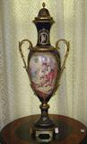 722 - Sevres Capped Urn, hand painted, bronze mounts, 38in. T, 15in. W, courting scene, ca. 1860.