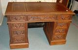 118 - George Flint Carved Oak Writing Desk, 3 part with leather tooled top, a. 1890.