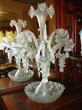 737 - Statton Glass Victorian Epergne with 4 trumpets, 3 hanging baskets, 22 in. T, 14 in. W, ca. 1900.