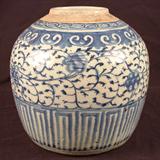 222 - Early Canton Ginger Jar, blue, 9in. T. This Ginger Jar also has a cirtificate of antiquity.