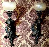 735a - Bronze Wall Sconces with cupids and cut shades, 42in. T, ca. 1880. Duplicate to the 4 electric sconces installed in the family dining room of the White House when electricity was introduced to the White House by President and Mrs Benjamin Harrison in 1891.