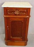 312 - Walnut Victorian Half Commode with white marble top, hand carved pull, 19in. W, 14in. D, ca. 1870.