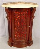 320 - Rosewood Rococo Corner Parlor Cabinet w white marble top , brass gallery, 35in. T, 25in. W, 18in. D, ca. 1850.