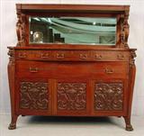 301 - Mahogany Sideboard w winged griffins support for mirror with lion heads carved on corners, 3 carved doors, att. To R.J. Horner 62in. T, 62in. W, 24in. D, ca. 1890.
