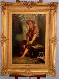 101 - 19th Century Oil on Canvas of young boy whittling a piece of wood, in original frame, 43in. T, 33in. W, signed.