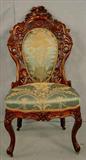 106 - Rosewood Rococo Laminated Parlor Side Chair, fountain elms pattern, green and gold silk upholstery, by J.H. Belter, 38in. T, 19in. W, 17in. D, ca. 1850.