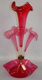 109 - Cranberry Victorian Epergne with 4 trumpets, 19in. T, 10in. Dia. Ca. 1900.