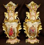 114 - Pair of Magnificent Old Paris Vases, palace size with French Victorian lady and gentleman, great condition and color, 29in. T, 15in. W, 7in. D, ca. 1870.